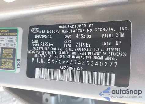 2014 Kia Optima Lx z USA, uszkodzony, nr VIN 5XXGM4A74EG340277